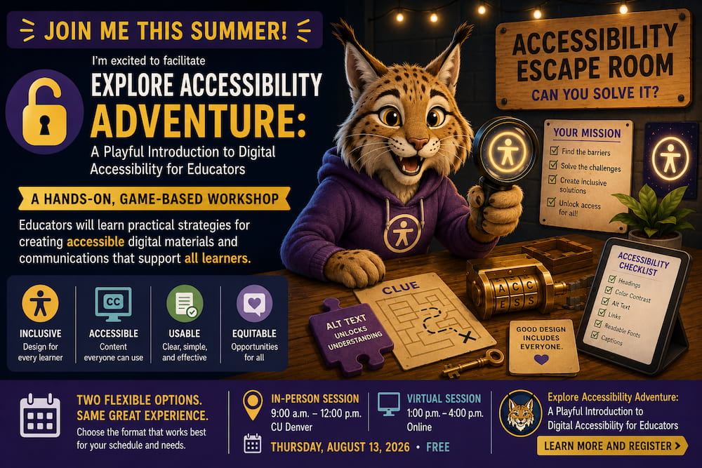 Promotional flyer for a digital accessibility workshop featuring a lynx mascot, escape room theme, and learning options.