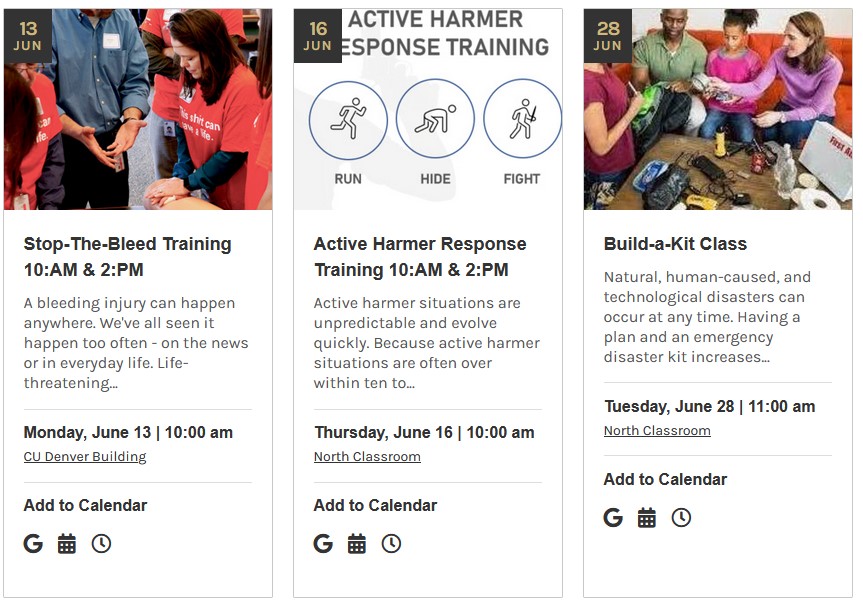 three images showing three upcoming training events on June 13, June 16, and June 28