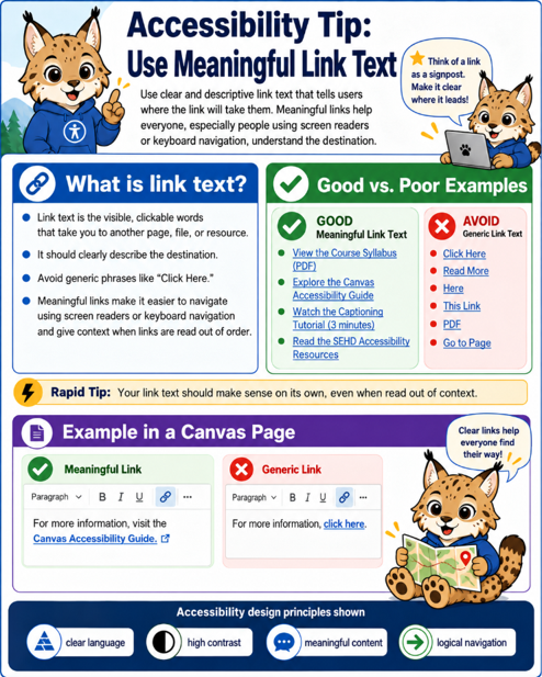 Meaningful Link Text infographic Lynx infographic about meaningful links. Use clear destination names instead of vague text such as Click Here.
