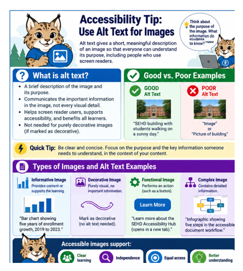Infographic titled “Accessibility Tip: Use Alt Text for Images” explains how concise, meaningful descriptions improve access and understanding for people using screen readers. Sections compare good and poor alt text, present informative, decorative, functional, and complex image examples, and use blue, green, purple, and yellow panels with labels, icons, and a quick-tip banner.