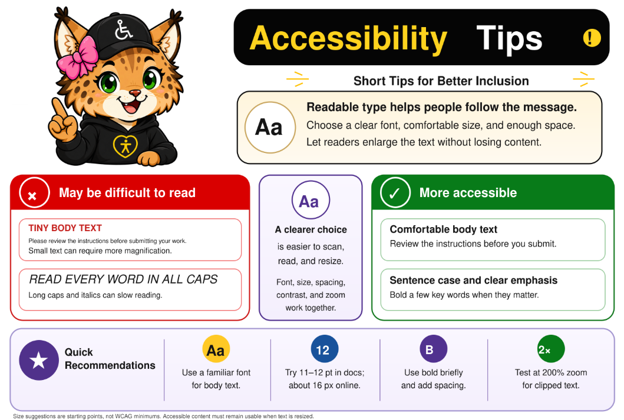 Accessibility Tips graphic with a Lynx mascot. The left panel shows tiny text and long all caps italics as difficult to read. The right panel shows comfortable body text, sentence case, and brief bold emphasis. The recommendations are to use a familiar body font, start around 11 to 12 points in documents or 16 pixels online, add spacing, and test at 200 percent zoom.