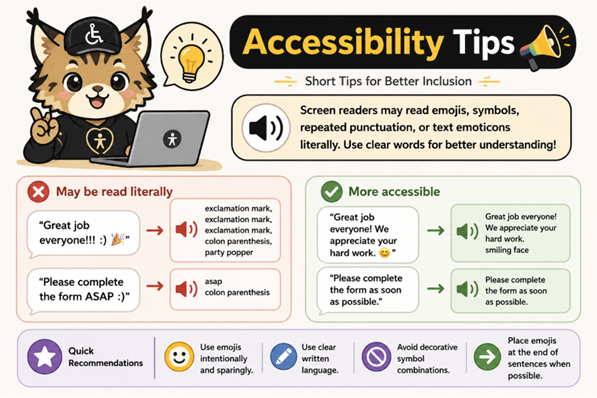 Infographic featuring a kawaii-style lynx accessibility mascot beside digital communication tips. The graphic explains how screen readers may read repeated punctuation, emojis, and text emoticons literally. Examples compare less accessible phrases using symbols and emojis with clearer, more accessible alternatives. The bottom section includes quick recommendations such as using emojis sparingly, writing clearly, avoiding decorative symbols, and placing emojis at the end of sentences.