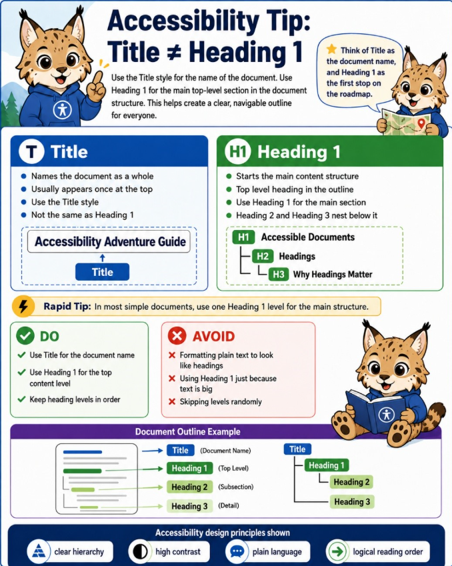 Infographic explains Title vs. Heading 1, with do/avoid tips, a document outline example, and lynx mascots.