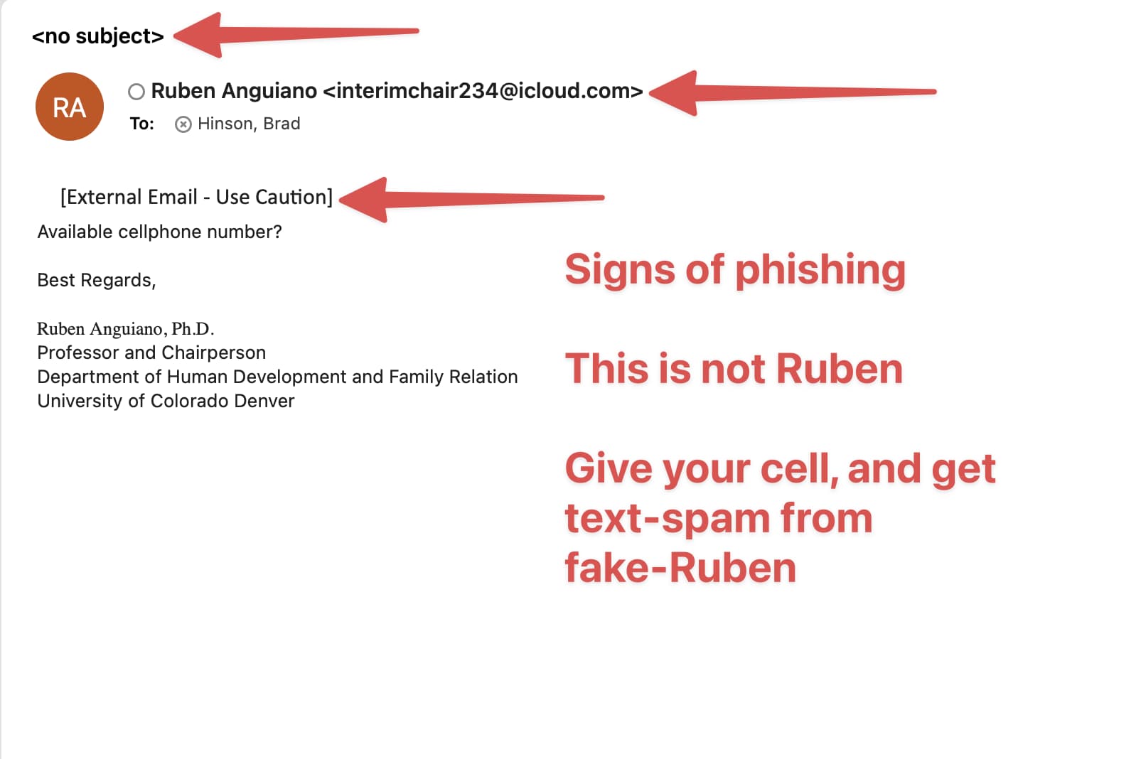 image of phishing email from outside email asking for cell phone number